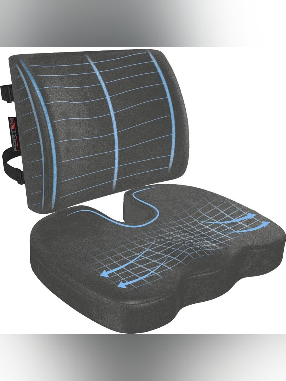 FORTEM Seat Cushion & Lumbar Support for Office Chair, Wheelchair, Car Gray New